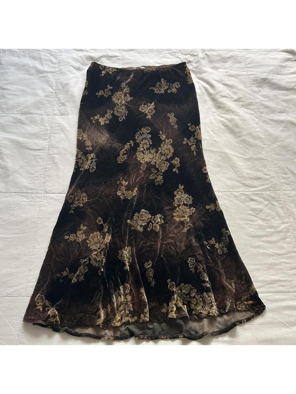 Newport News Brown Velvet Gold Floral Maxi Skirt Silk Blend Size 10